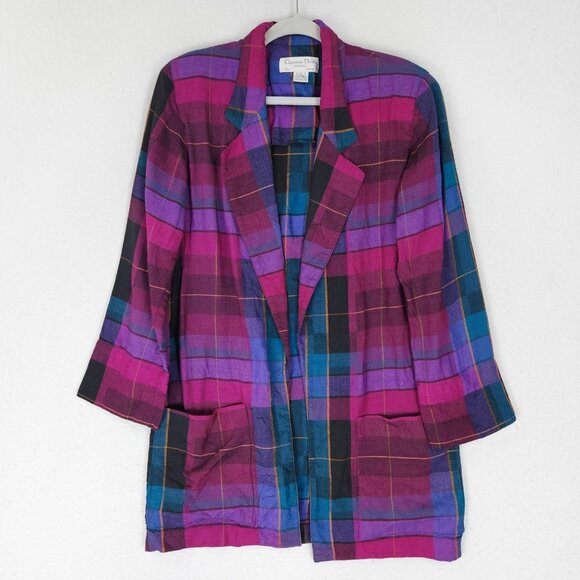 Christian Dior Jacket Womens 6 Purple Pink Plaid Wool Blend Vintage Long Blazer - Picture 1 of 16